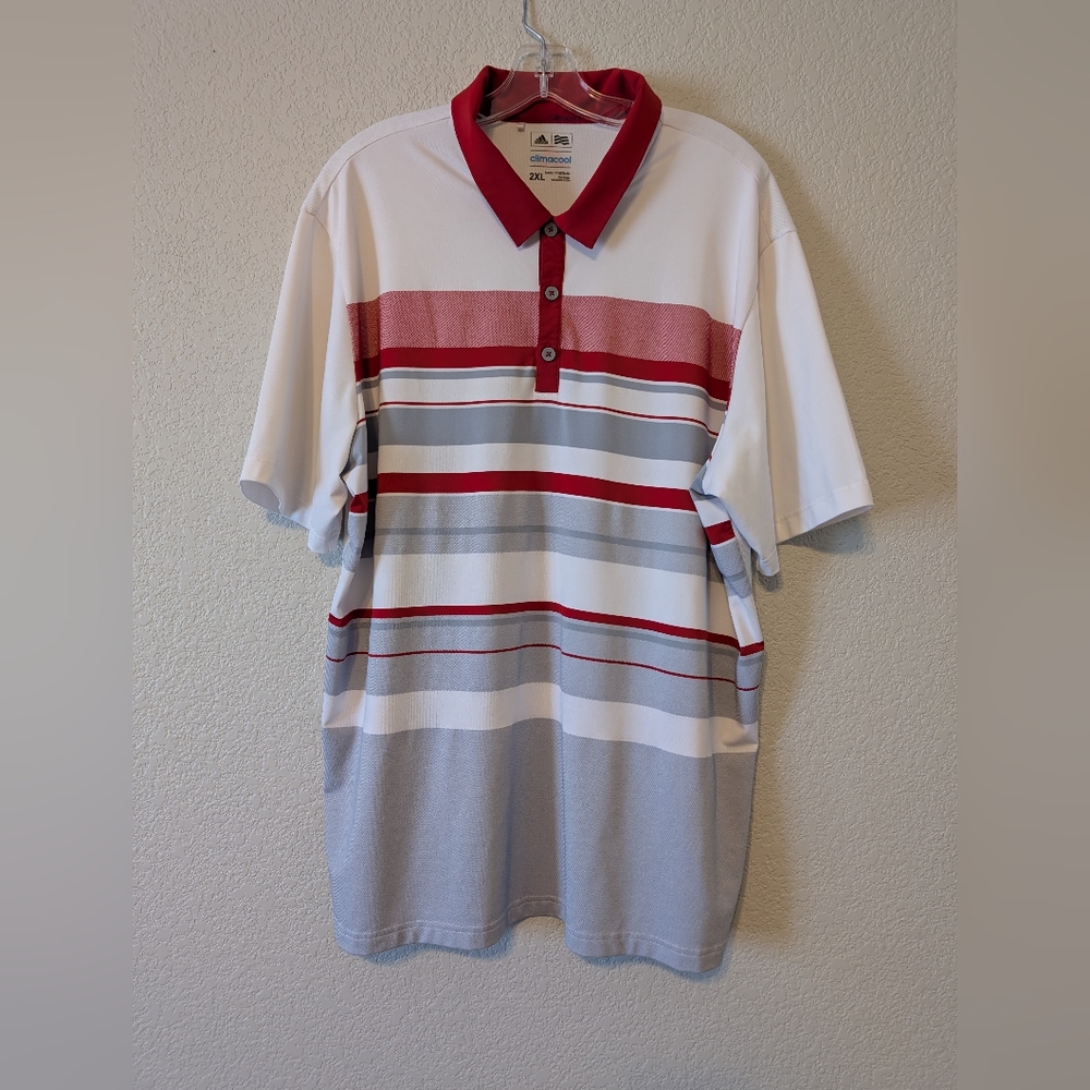 Adidas Striped Polo Shirt - Red, Gray, White